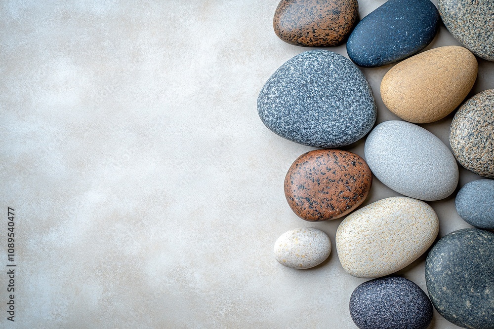 Smooth pebbles arranged on textured beige surface