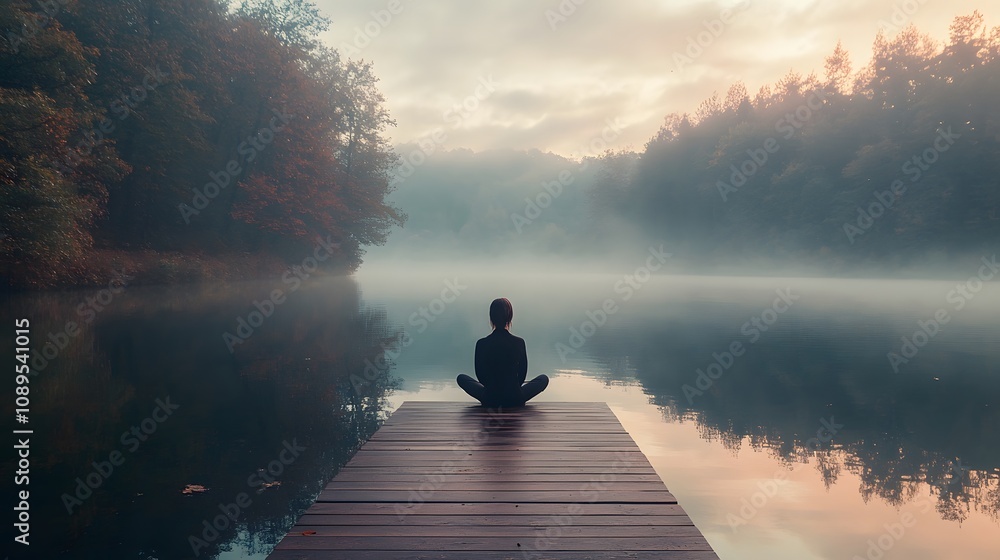 Serene woman meditating at dawn by a foggy lake Serene woman meditating at dawn by a foggy lake