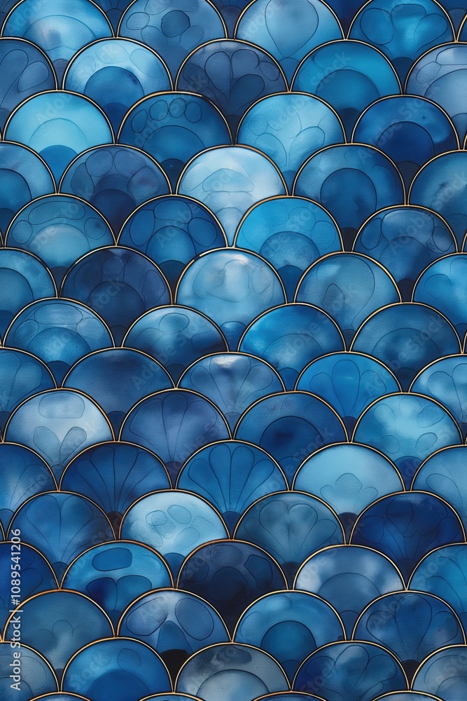 Fototapeta premium Abstract blue glass tile pattern with gold outlines