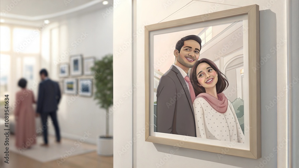 Happy couple portrait hanging on the wall in a bright modern interior Happy couple portrait hanging on the wall in a bright modern interior