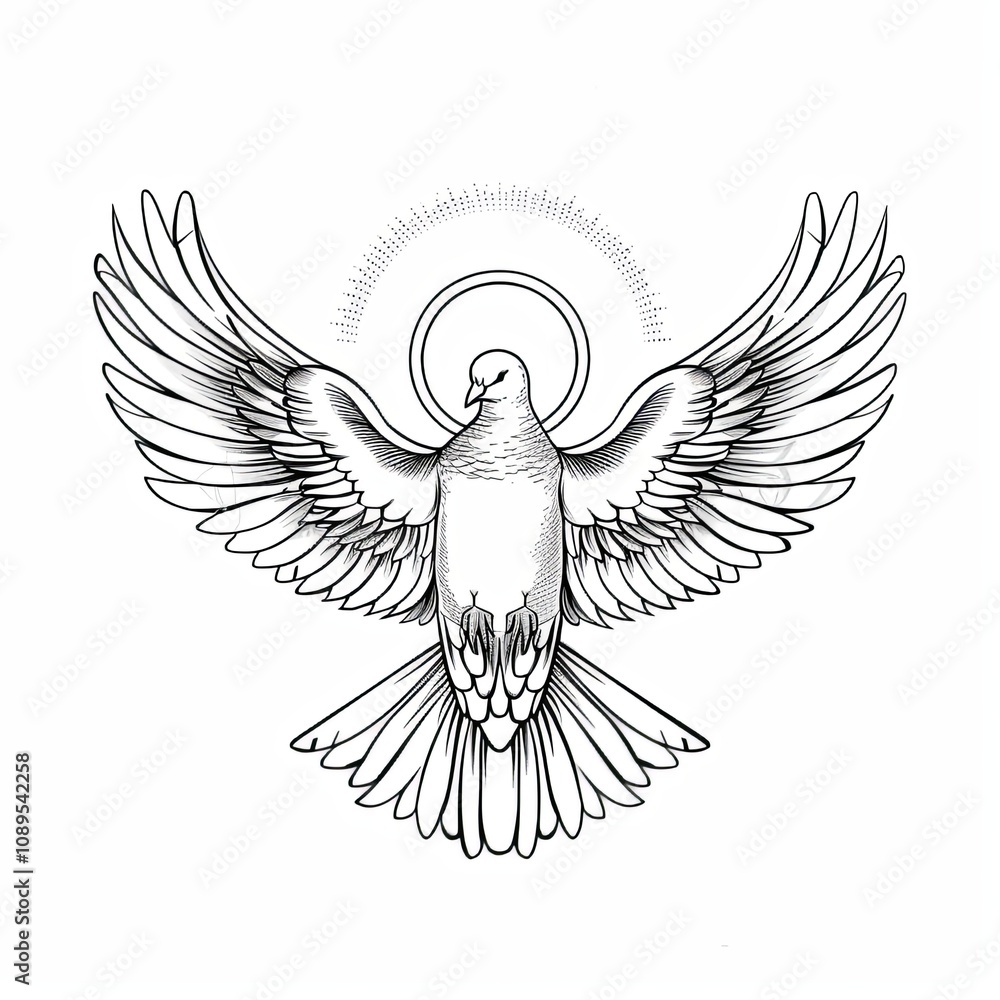 Fototapeta premium Dove surrounded by rays of light. The concept of faith, soul, peace and hope. The bird is depicted in black and white style. Illustration for cover, postcard, card or print.