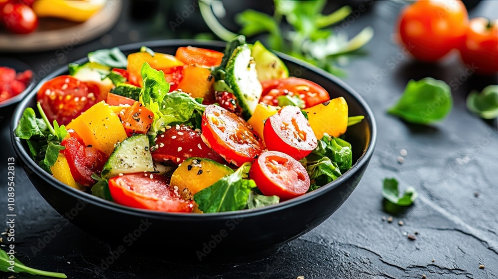 A bowl filled with a salad of fresh vegetables and herbs. Healthy and dietary food. Illustration for banner, poster, cover, brochure, advertising or marketing. A bowl filled with a salad of fresh vegetables and herbs. Healthy and dietary food. Illustration for banner, poster, cover, brochure, advertising or marketing.