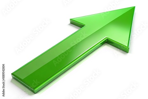 An isolated bright green upward arrow on a clean white backdrop, ideal for marketing and design purposes, symbolizing progress, success, and positive direction in visuals.