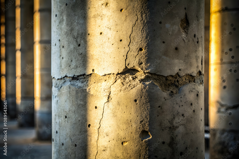 Close-up of weathered concrete pillars with visible cracks, illuminated by soft light, showcasing industrial textures and architectural details.