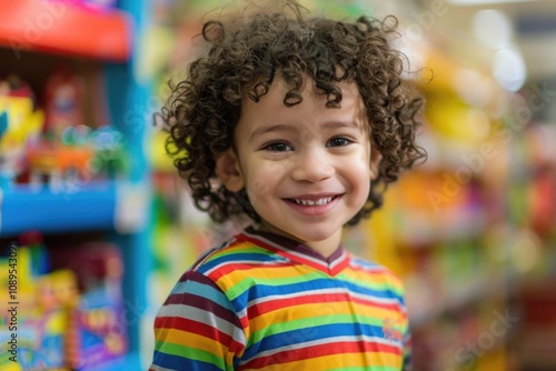 A happy child with curly hair gives a big smile as he looks directly into the lens