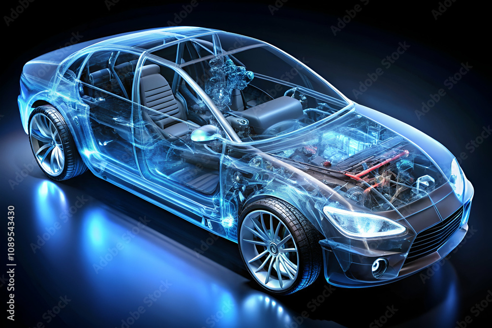 A futuristic, transparent car model showcasing its internal components with glowing blue accents against a dark background. A futuristic, transparent car model showcasing its internal components with glowing blue accents against a dark background.