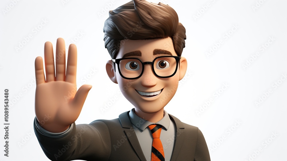 A man in a suit and glasses shows a high-five or stop gesture with his hand. He is smiling, in a good mood and friendly. Communication at work and in life. Illustration for design. A man in a suit and glasses shows a high-five or stop gesture with his hand. He is smiling, in a good mood and friendly. Communication at work and in life. Illustration for design.