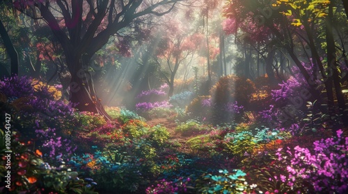 A magical forest glade with neon-colored flowers, glowing trees, and ethereal light filtering through the canopy