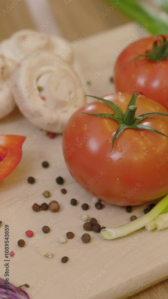 Vertical shot of vegetables on a wooden board. Tomato onion microgreen. Fresh kitchen health food. Raw. Close up. Slow motion Vertical shot of vegetables on a wooden board. Tomato onion microgreen. Fresh kitchen health food. Raw. Close up. Slow motion