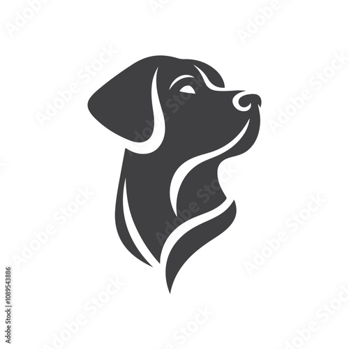 Friendly dog face logo, designed in black and white vector style, radiating a cheerful and welcoming vibe.