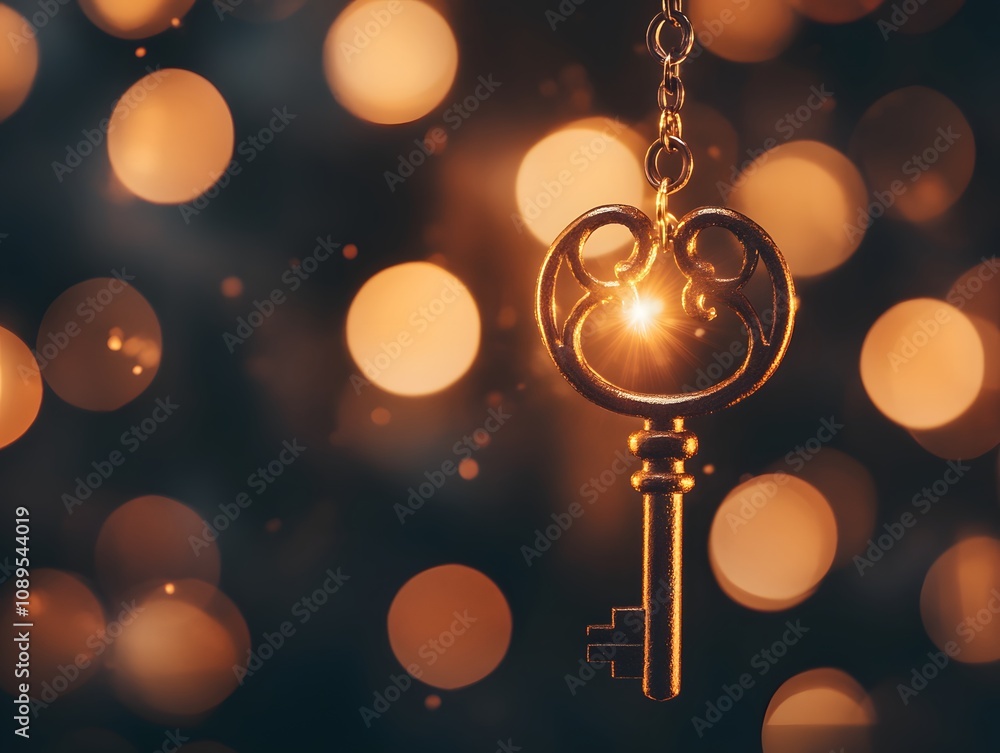 Enchanted Golden Key with Sparkling Light Against a Soft Bokeh Background, Symbolizing Opportunities and Adventure in a Magical Setting Enchanted Golden Key with Sparkling Light Against a Soft Bokeh Background, Symbolizing Opportunities and Adventure in a Magical Setting