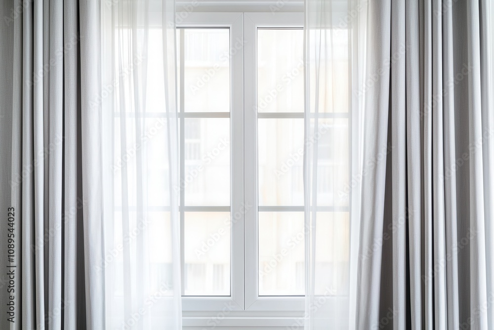 Home sweet home, A bright window adorned with sheer curtains, creating an airy and light-filled atmosphere in a modern interior. Home sweet home, A bright window adorned with sheer curtains, creating an airy and light-filled atmosphere in a modern interior.