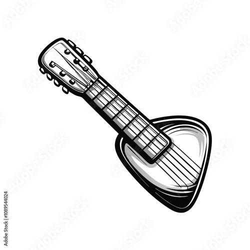 Editable stroke vector illustration of a guitar pick resting on a surface; clean lines, high detail.