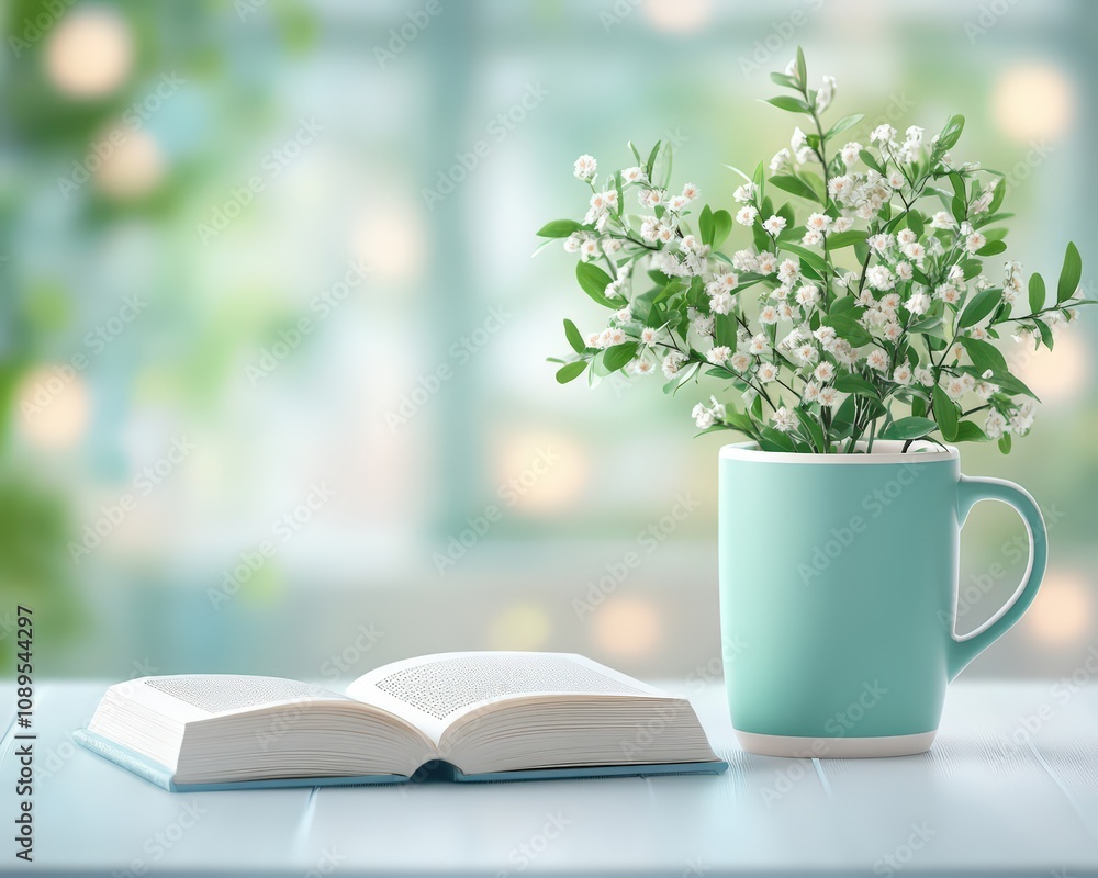 Cozy and Serene Table Setting with Open Book and Fresh Greenery in Beautiful Indoor Environment with Soft Focus Background Cozy and Serene Table Setting with Open Book and Fresh Greenery in Beautiful Indoor Environment with Soft Focus Background