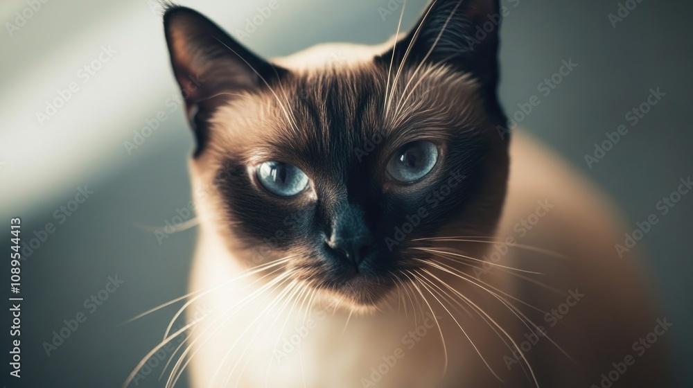 A detailed view of a feline's face, featuring striking blue irises A detailed view of a feline's face, featuring striking blue irises