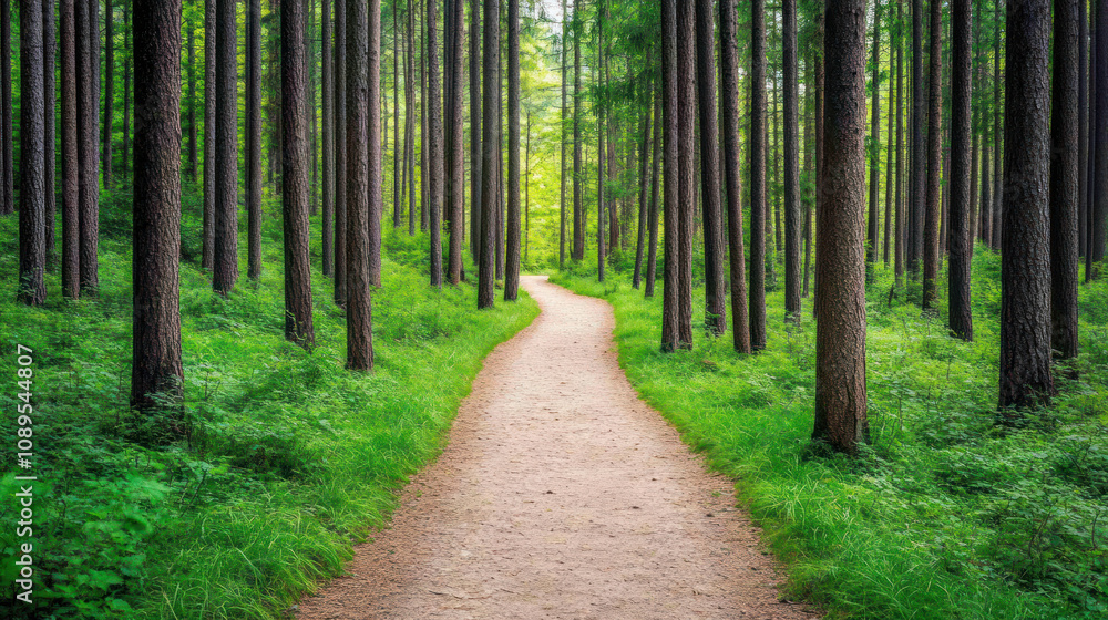 Fototapeta premium A serene pathway winding through a lush green forest filled with tall trees.