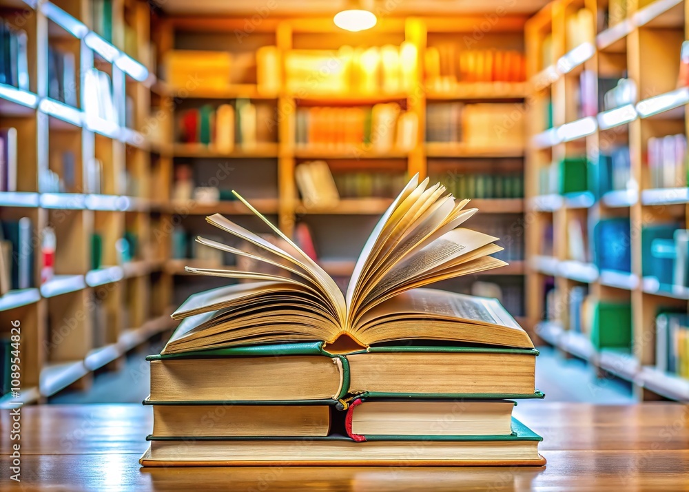 A reading desk holds an open book, with additional stacked books nearby in a library, symbolizing the joy of education and the back-to-school season. A reading desk holds an open book, with additional stacked books nearby in a library, symbolizing the joy of education and the back-to-school season.
