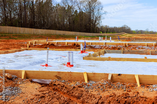 Construction worker prepare foundation of anew building wooden forms pipes are set up on plot of land photo