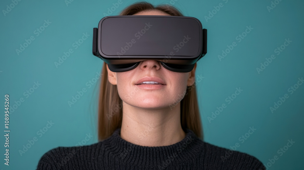 A woman experiences virtual reality with immersive VR headset technology. A woman experiences virtual reality with immersive VR headset technology.