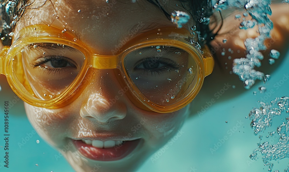 Close-up of a happy child girl in swimming goggles diving underwater on a summer vacation at a pool party Close-up of a happy child girl in swimming goggles diving underwater on a summer vacation at a pool party