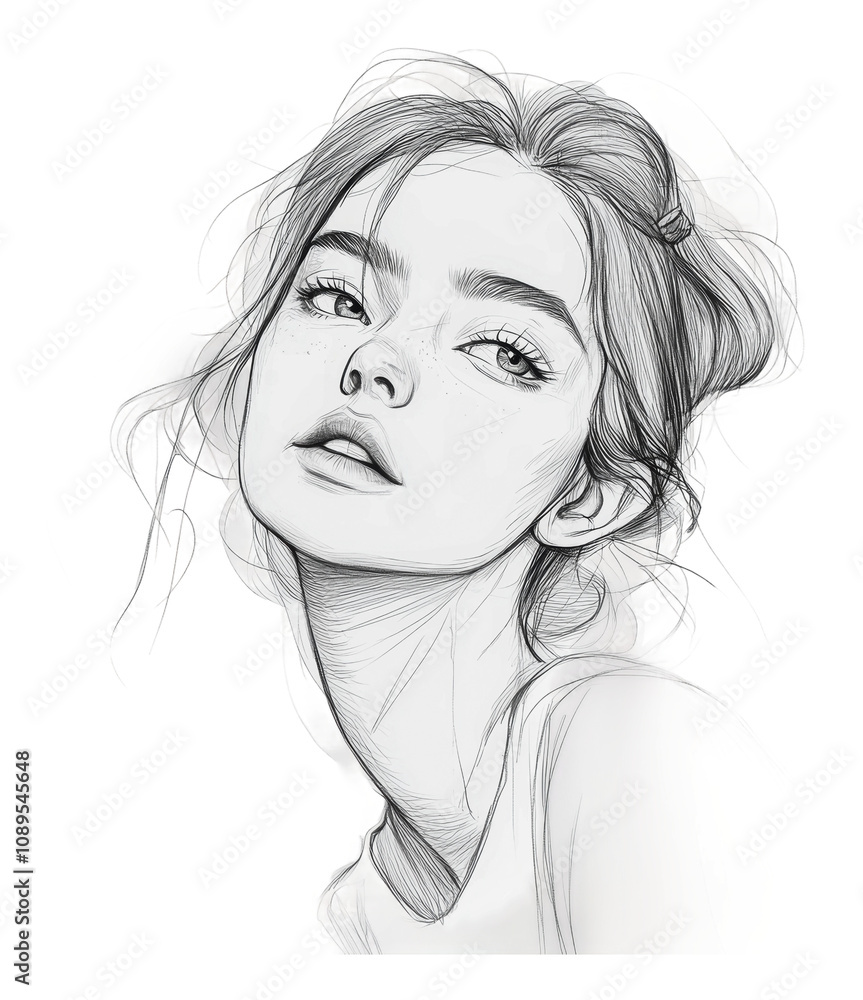 PNG Artistic sketch of a young woman with flowing hair PNG Artistic sketch of a young woman with flowing hair