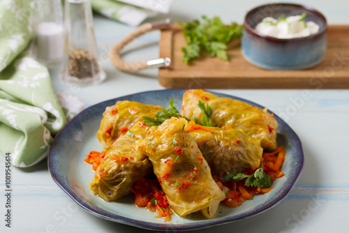 Stuffed cabbage leaves. Cabbage wraps. Chou farci, dolma, sarma, golubtsy or golabki. Flat lay, layout, overhead photo