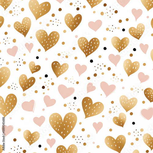 A vector valentine pattern in a doodle style, featuring delicate hand-drawn golden heart with confetti scattered across a white background