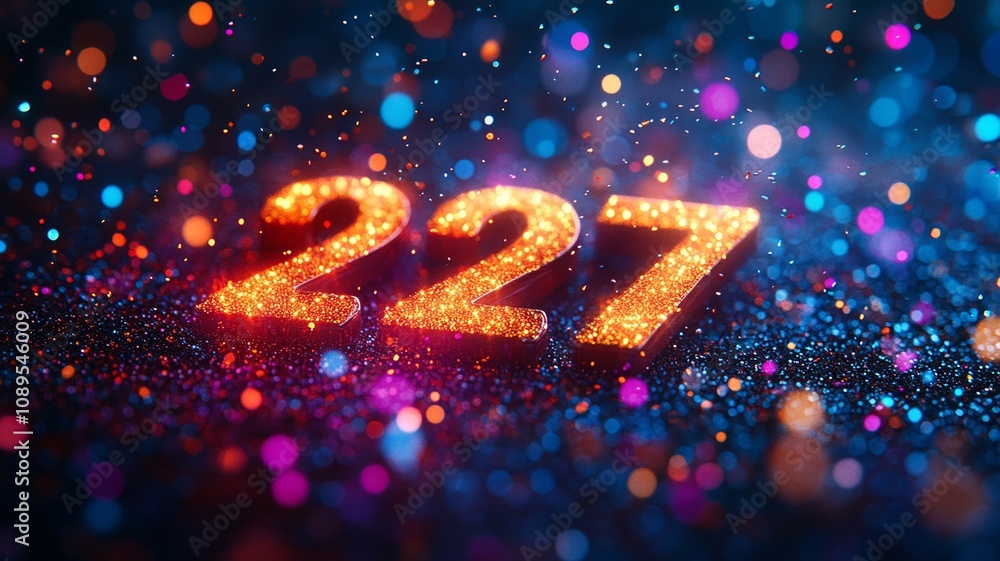 Glowing number 227 surrounded by sparkling colorful glitter