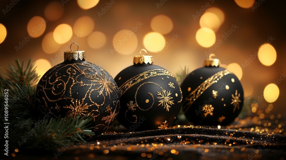 Elegant Black And Gold Christmas Ornaments Resting On Glitter Elegant Black And Gold Christmas Ornaments Resting On Glitter
