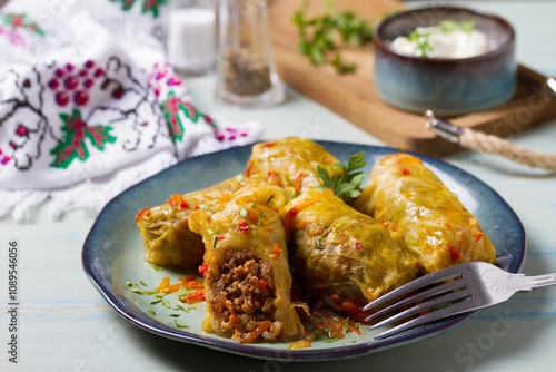 Stuffed cabbage leaves. Cabbage wraps. Chou farci, dolma, sarma, golubtsy or golabki. Flat lay, layout, overhead