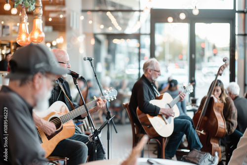 A live music event taking place in the coffee shop with a small stage and audience