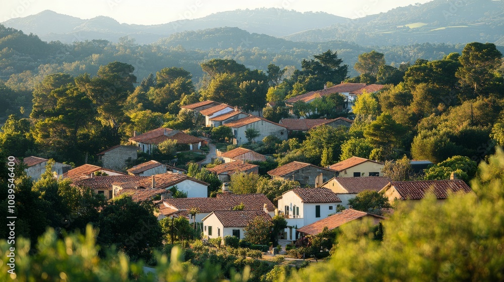 Hillside Village Houses With Red Tile Roofs And Lush Greenery Hillside Village Houses With Red Tile Roofs And Lush Greenery