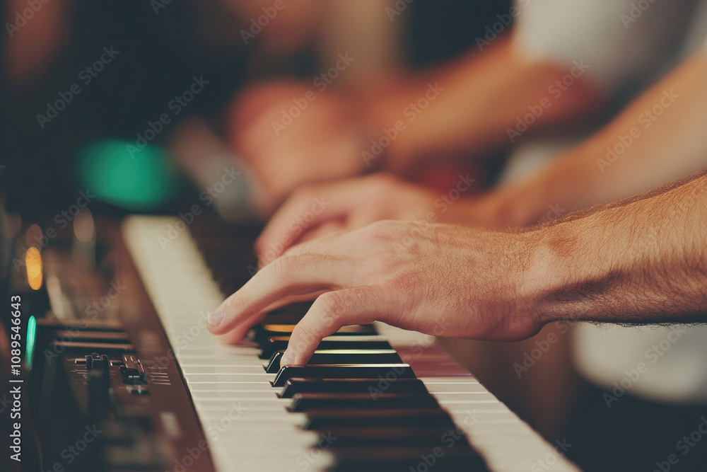 Obraz premium Close-up of hands playing a keyboard, creating beautiful music in a lively environment.