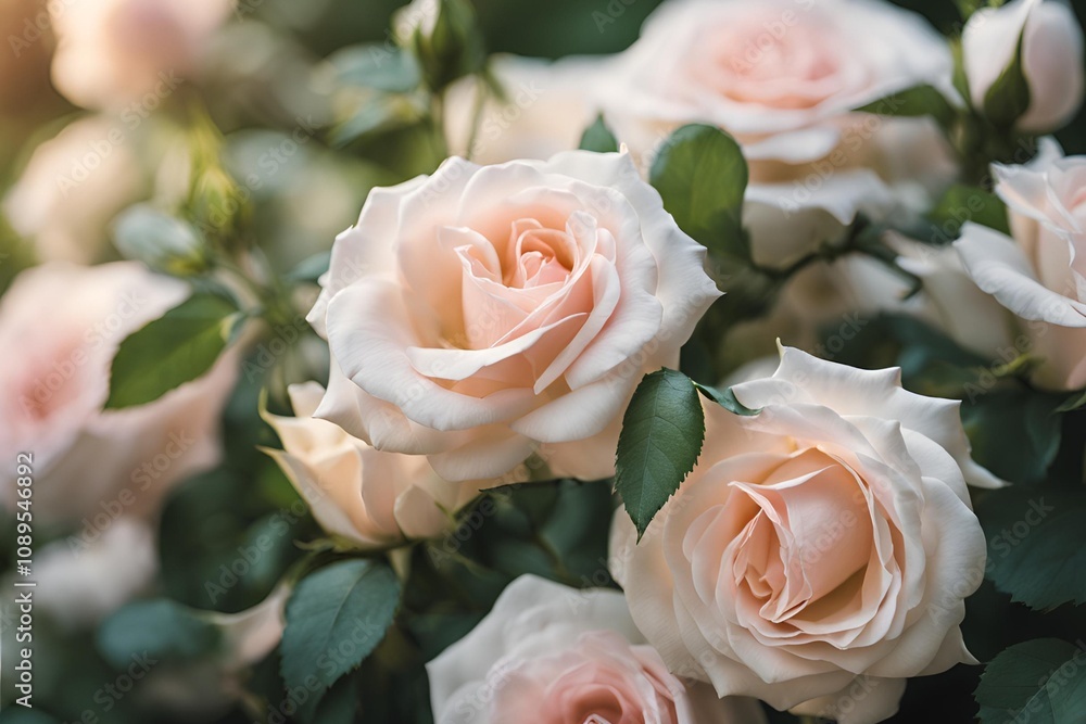 Soft-focus background featuring blush pink and white roses in full bloom, surrounded by green leaves. Warm lighting highlights the delicate petals, creating a romantic and high-quality aesthetic. Soft-focus background featuring blush pink and white roses in full bloom, surrounded by green leaves. Warm lighting highlights the delicate petals, creating a romantic and high-quality aesthetic.