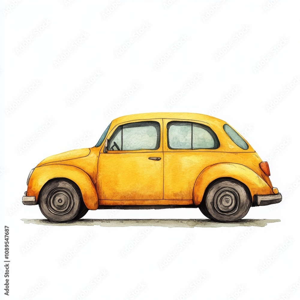 Obraz premium Cute Yellow Car Driving on the Road, Bold and Playful Illustration for Children's Fantasy Story