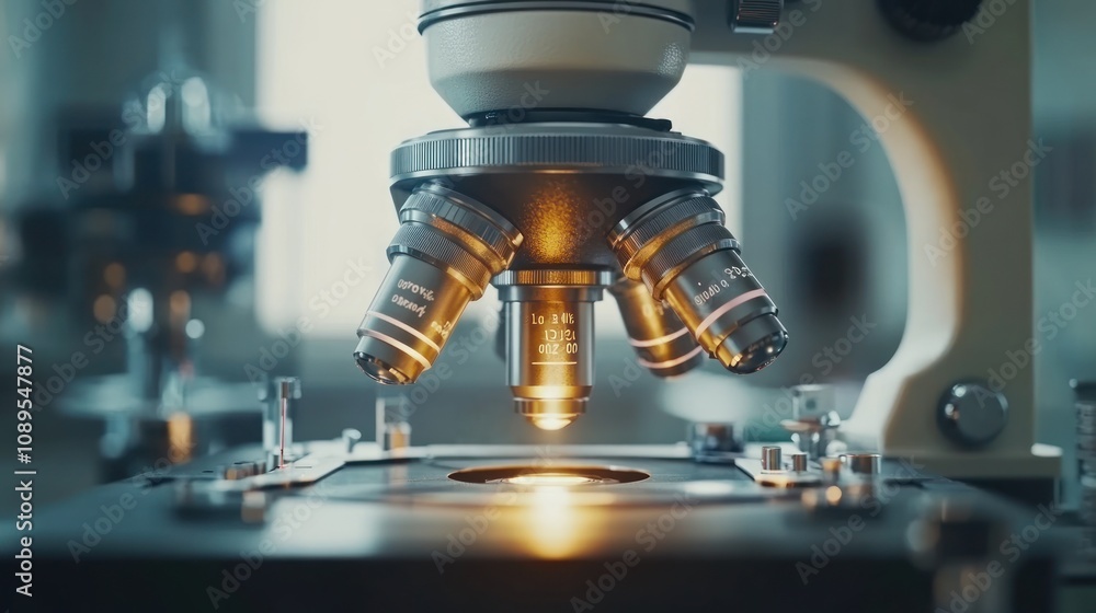 Close-up of microscope illuminating specimen. Close-up of microscope illuminating specimen.