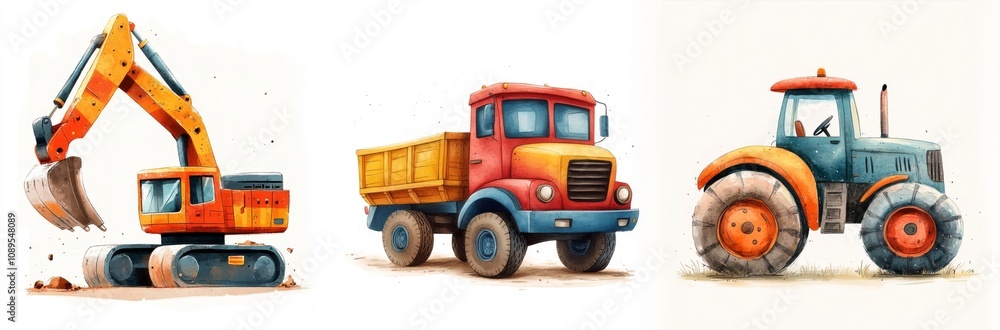 Fototapeta premium Industrial Construction Equipment: Excavator, Truck, and Tractor, Child-Friendly Hand-Drawn Doodles