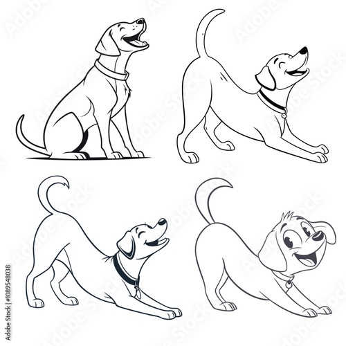 Joyful dog stretching in a minimalist line art style, depicted with a happy face in a playful and charming vector design.