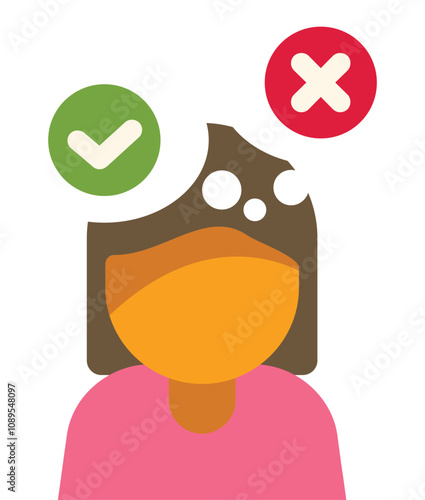 This vector illustration shows a woman making a decision with a check mark symbol and a cross symbol above her head