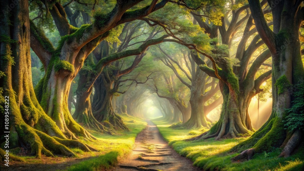 Mystical Forest Pathway Lined With Ancient Trees in Golden Sunlight. Generative AI Mystical Forest Pathway Lined With Ancient Trees in Golden Sunlight. Generative AI