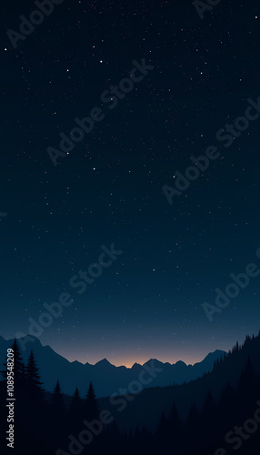 Starry night sky over mountain landscape with silhouette of trees, tranquil atmosphere, copy space