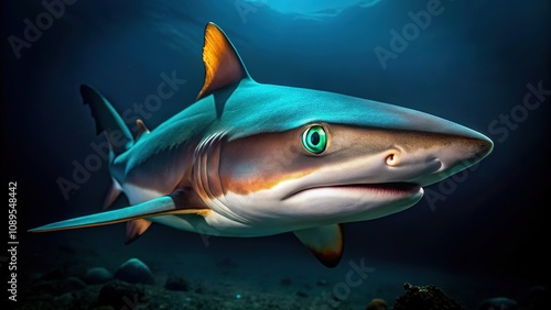 A stunning image of a Whitetip Reef Sharkâ€™s head, featuring its unique patterns and colors, contrasts with a dark background, showcasing the beauty of marine life. photo