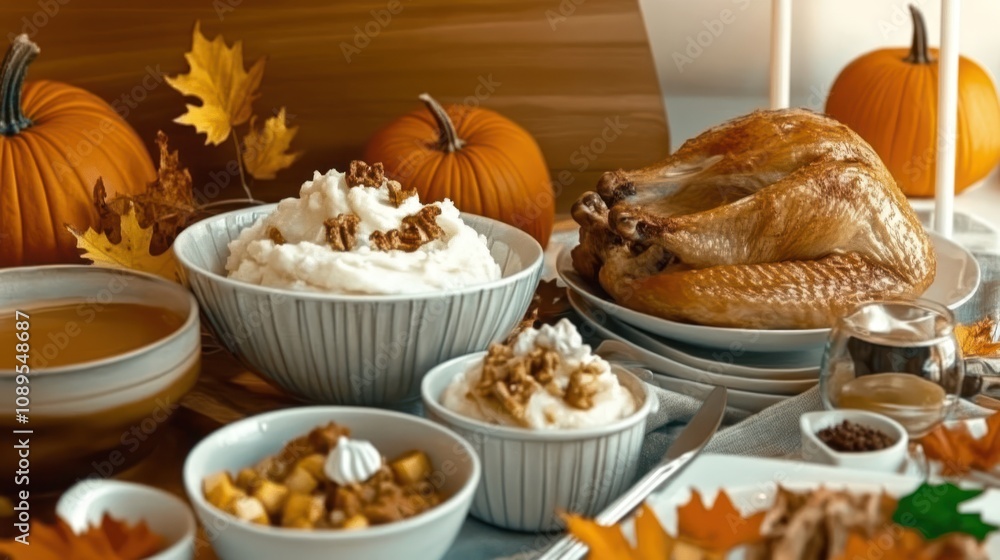 Thanksgiving Dinner with Roasted Turkey and Fall Decor Thanksgiving Dinner with Roasted Turkey and Fall Decor