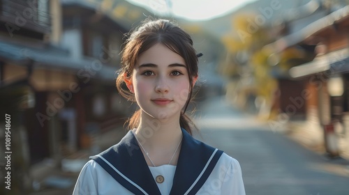 International Student in Japanese Student Uniform Medium Shot Potrait