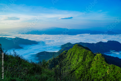 Breathtaking sunrise over misty mountains nature landscape scenic viewpoint vibrant colors tranquil atmosphere outdoor escape