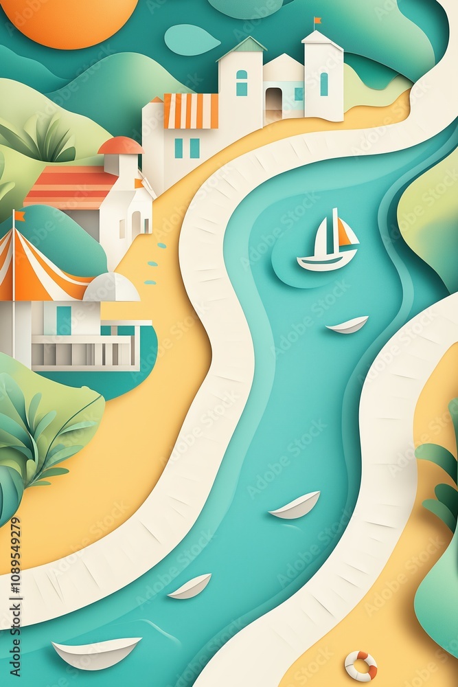 Fototapeta premium Colorful paper art landscape featuring river, houses, boats, and trees. Stylized scenery with vibrant colors and shapes