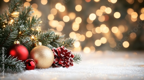 Festive Christmas Ornaments Resting on Snowy Surface