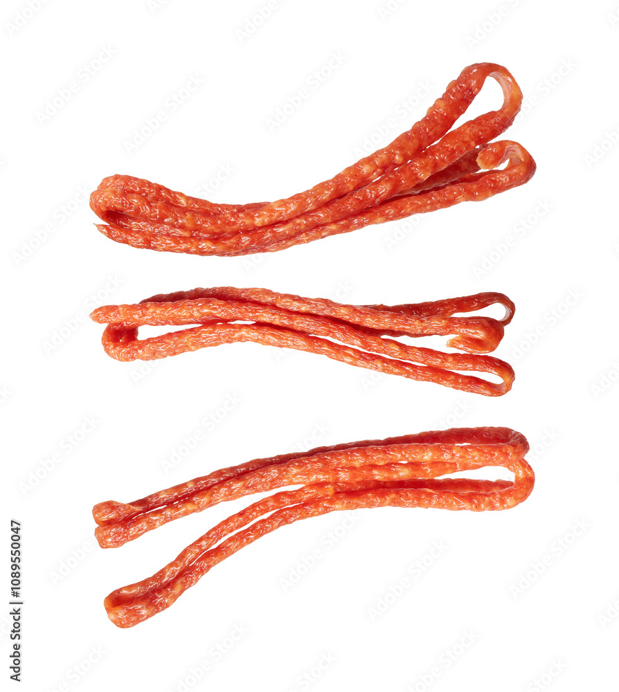 Group of dry smoked sausages closeup isolated on a white background