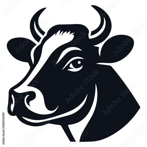 Elegant Black and White Cow Head Illustration with Leaves for Agriculture, Dairy, and Eco-Themed Designs