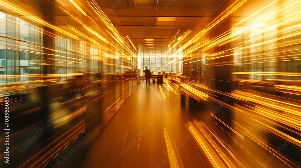 Blurred office space with glowing upward business trends Blurred office space with glowing upward business trends
